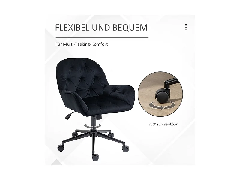 Fauteuil pivotant pour bureau, chaise de direction réglable en hauteur, siège rembourré en polyester velours noir, dimensions 60x61x81-91 cm