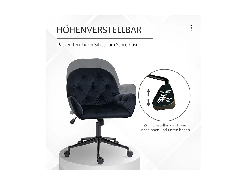 Draaibare bureaustoel, in hoogte verstelbare directiestoel, zitting bekleed met zwart fluweel en polyester, afmetingen 60x61x81-91 cm