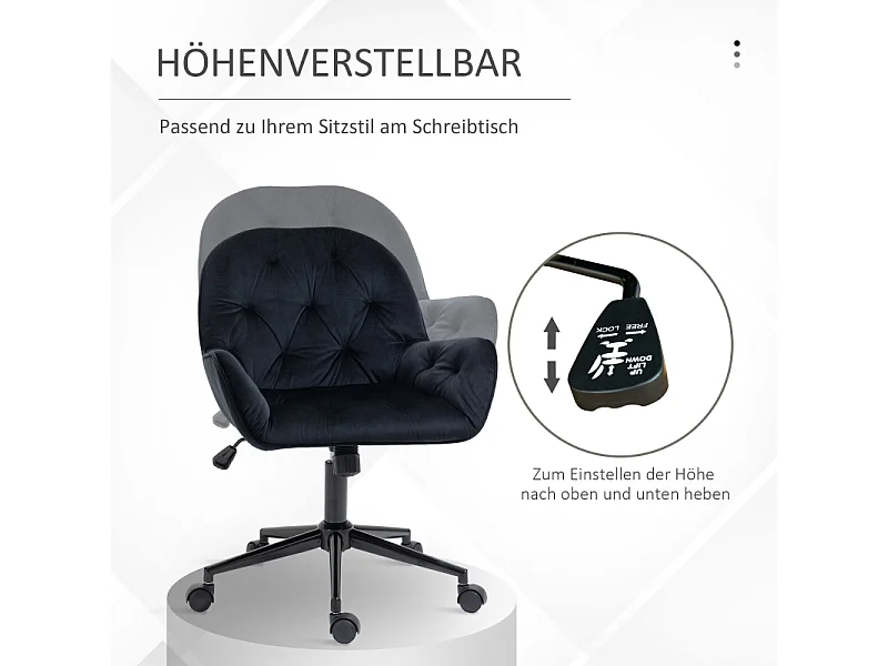 Fauteuil pivotant pour bureau, chaise de direction réglable en hauteur, siège rembourré en polyester velours noir, dimensions 60x61x81-91 cm