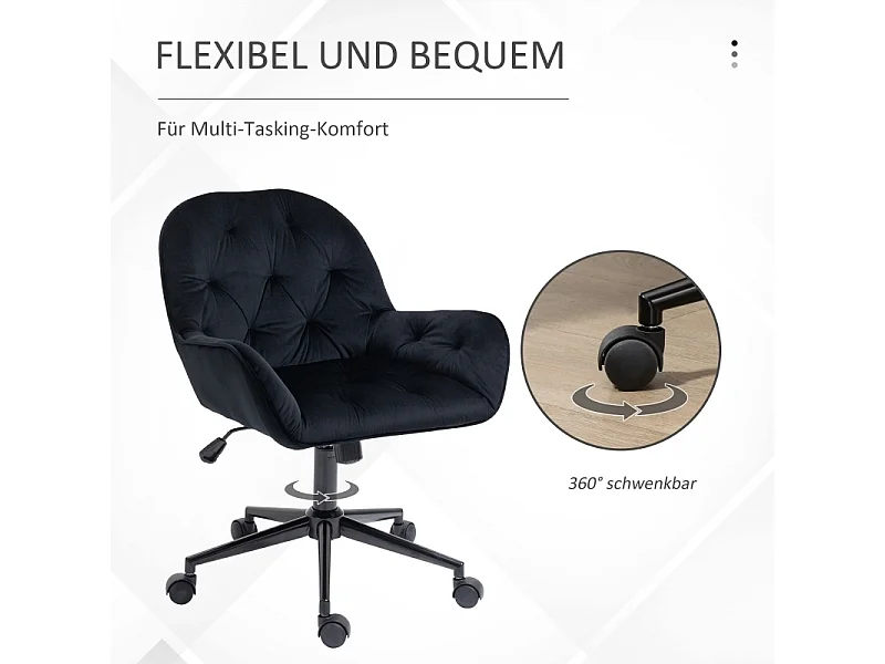 Fauteuil pivotant pour bureau, chaise de direction réglable en hauteur, siège rembourré en polyester velours noir, dimensions 60x61x81-91 cm