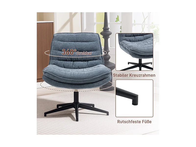 Chaise de bureau sans accoudoirs, large assise, réglable en hauteur, siège double épaisseur style tailleur, revêtement imitation lin, home office, gris