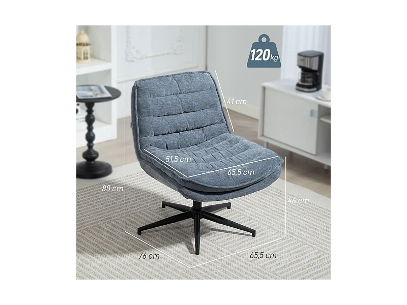 Chaise de bureau sans accoudoirs, large assise, réglable en hauteur, siège double épaisseur style tailleur, revêtement imitation lin, home office, gris