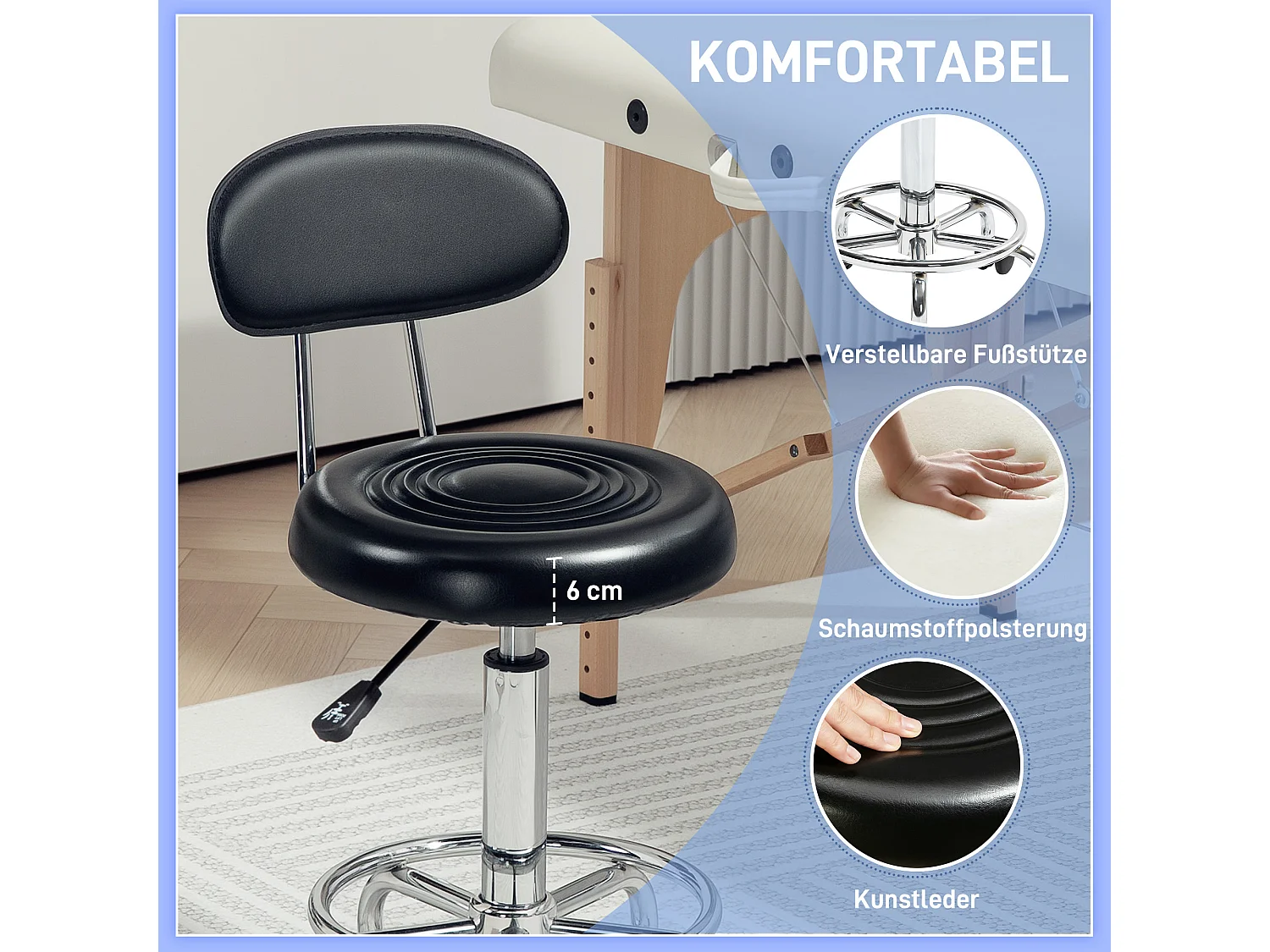 Tabouret de travail pivotant et réglable avec dossier, roulettes et repose-pieds ajustable, cuir synthétique noir, idéal pour bureau