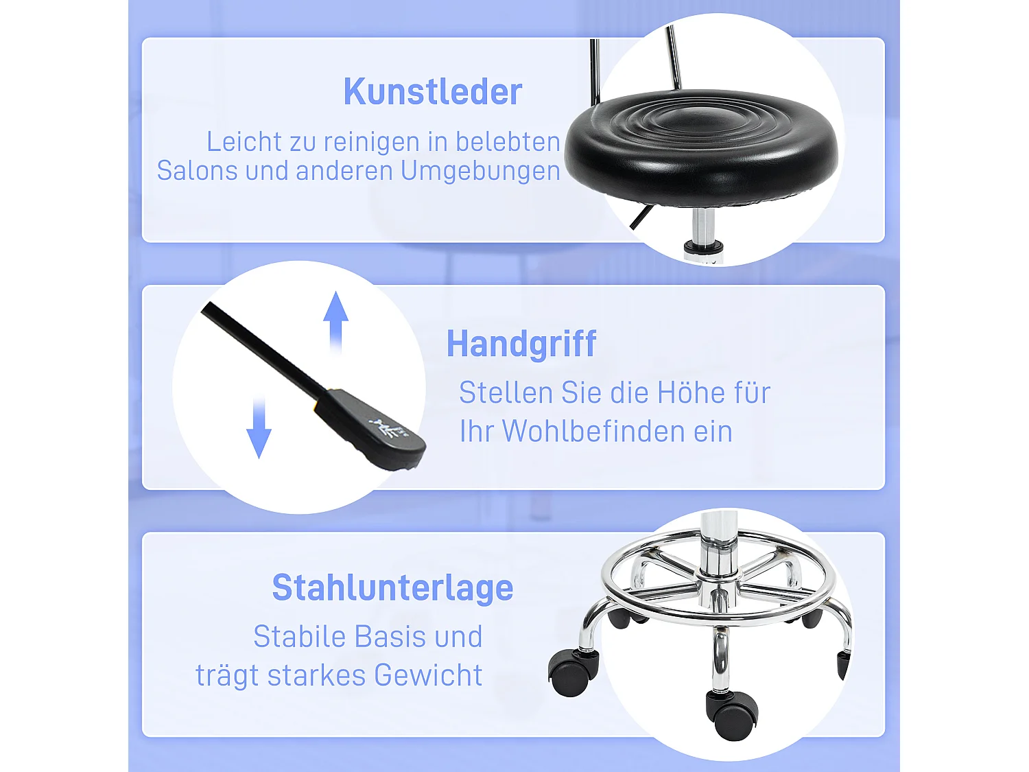 Tabouret de travail pivotant et réglable avec dossier, roulettes et repose-pieds ajustable, cuir synthétique noir, idéal pour bureau