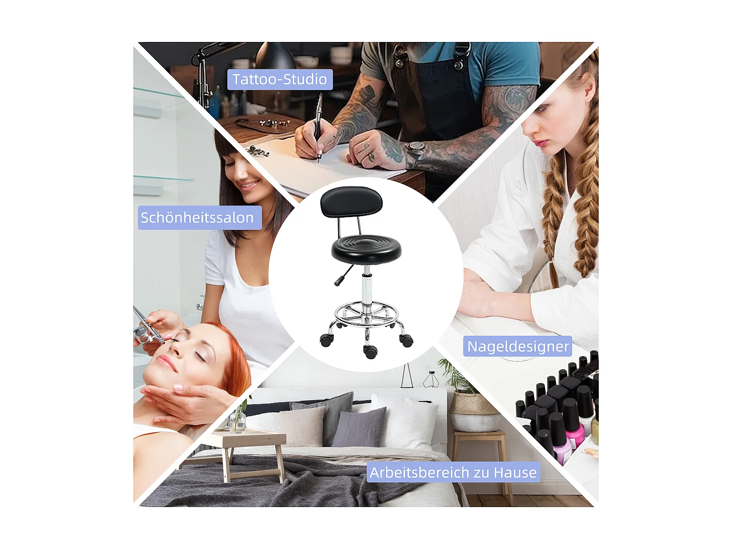 Tabouret de travail pivotant et réglable avec dossier, roulettes et repose-pieds ajustable, cuir synthétique noir, idéal pour bureau