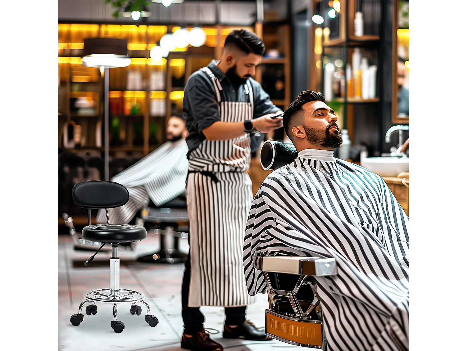 Tabouret de travail pivotant et réglable avec dossier, roulettes et repose-pieds ajustable, cuir synthétique noir, idéal pour bureau