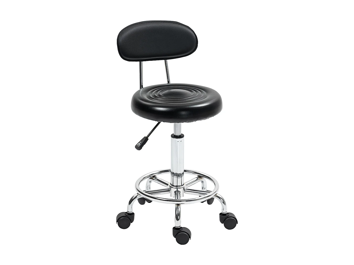 Tabouret de travail pivotant et réglable avec dossier, roulettes et repose-pieds ajustable, cuir synthétique noir, idéal pour bureau