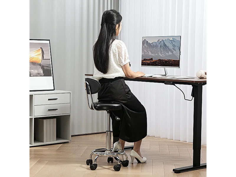 Tabouret de travail pivotant et réglable avec dossier, roulettes et repose-pieds ajustable, cuir synthétique noir, idéal pour bureau