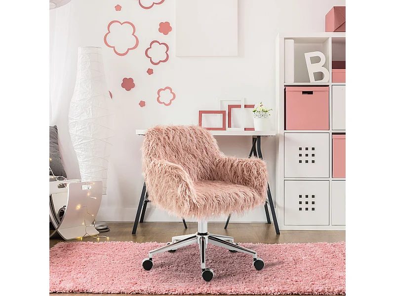 In hoogte verstelbare ergonomische bureaustoel, roze imitatiebontbekleding met zilveren voet, stijlvol en comfortabel ontwerp