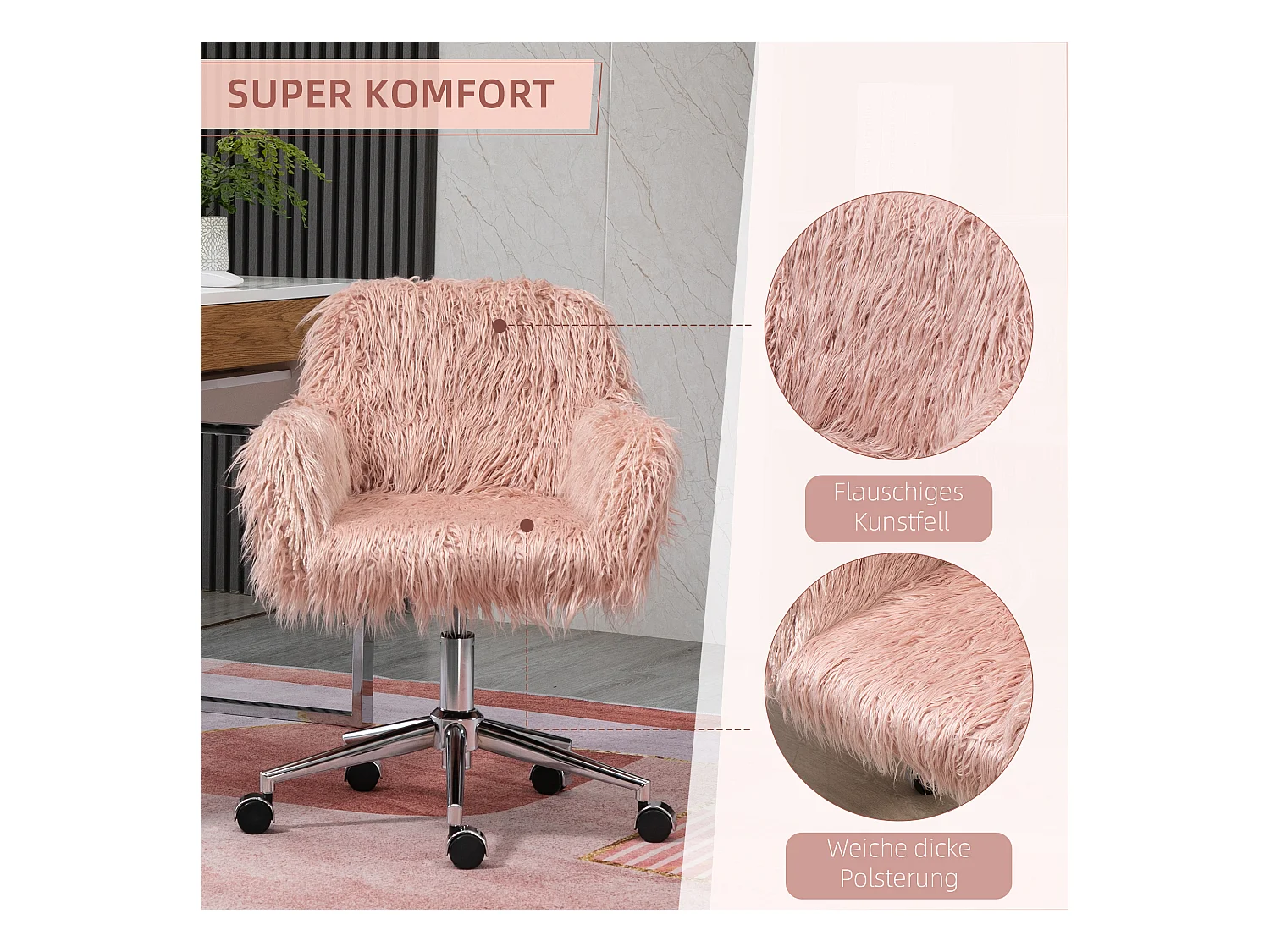 Chaise de bureau ergonomique réglable en hauteur, revêtement en fausse fourrure rose avec base argentée, design élégant et confortable