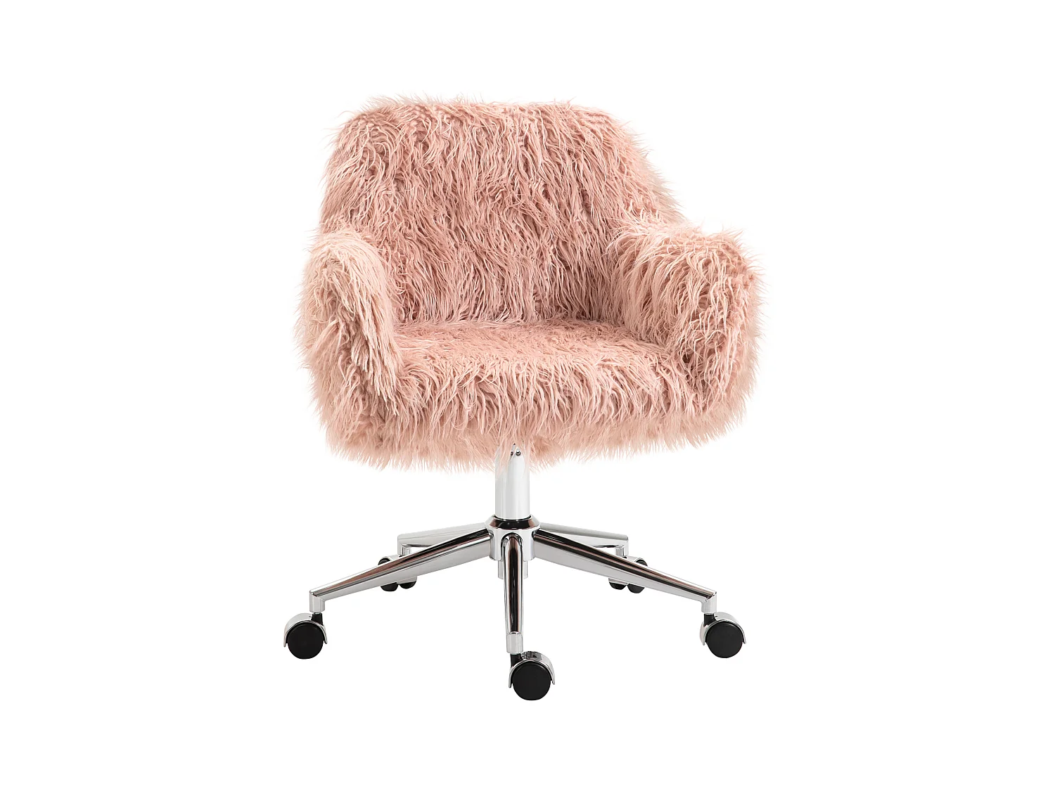 Chaise de bureau ergonomique réglable en hauteur, revêtement en fausse fourrure rose avec base argentée, design élégant et confortable