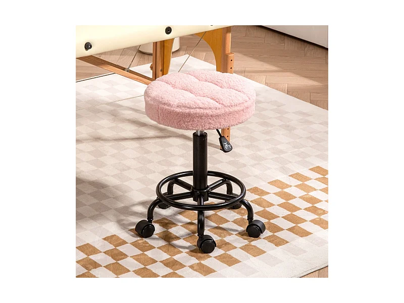Tabouret à roulettes réglable 50-66 cm, pivotant 360°, siège ergonomique pour bureau, salon, massage ou spa, couleur rose, pratique et confortable