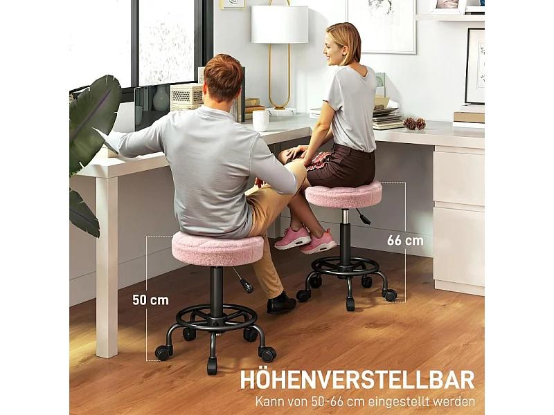 Tabouret à roulettes réglable 50-66 cm, pivotant 360°, siège ergonomique pour bureau, salon, massage ou spa, couleur rose, pratique et confortable