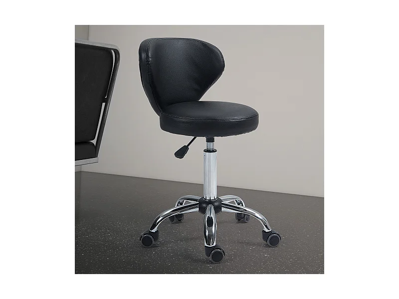 Sgabello da lavoro girevole a 360° con funzione massaggio, schienale ergonomico regolabile, metallo cromato e rivestimento in similpelle nera