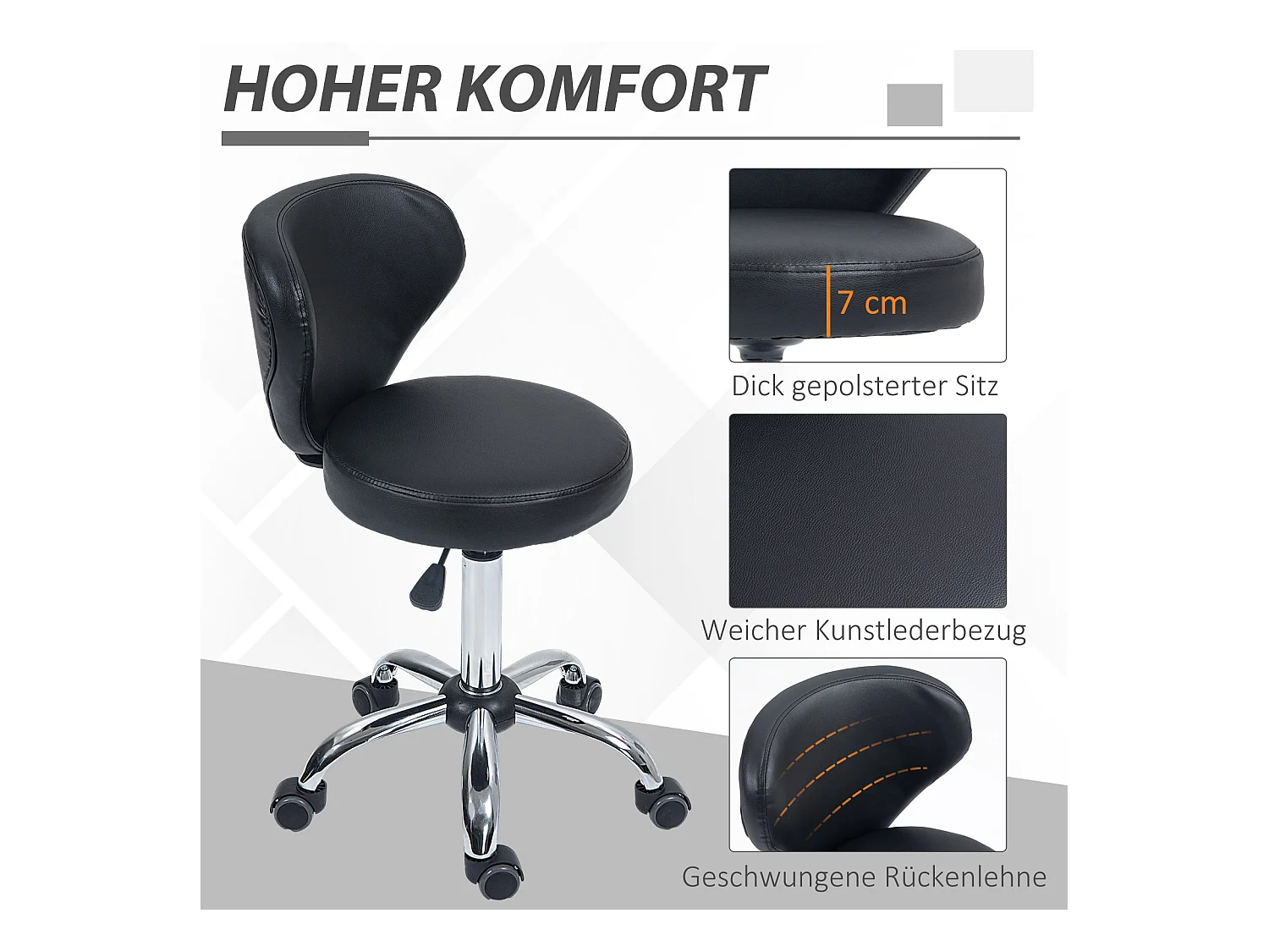 Tabouret de travail pivotant 360° avec fonction massage, réglable, dossier ergonomique, métal chromé et revêtement cuir synthétique noir