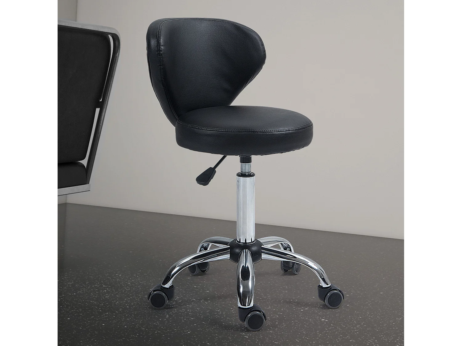 Tabouret de travail pivotant 360° avec fonction massage, réglable, dossier ergonomique, métal chromé et revêtement cuir synthétique noir