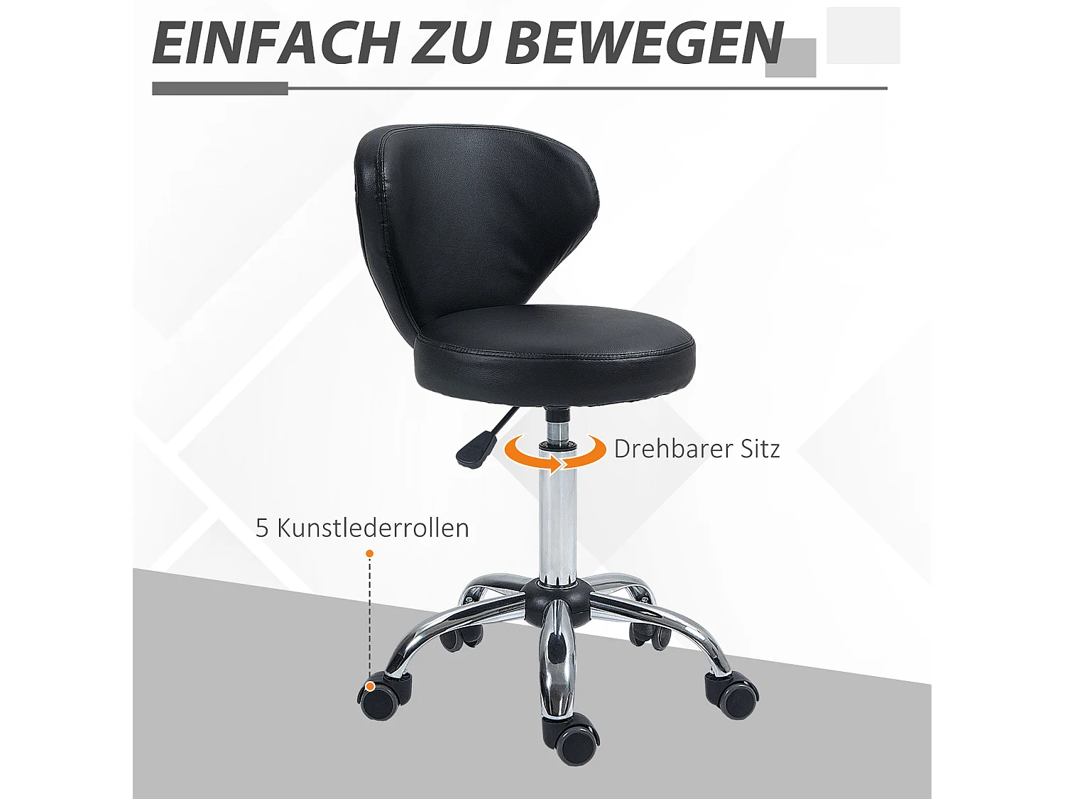 Tabouret de travail pivotant 360° avec fonction massage, réglable, dossier ergonomique, métal chromé et revêtement cuir synthétique noir