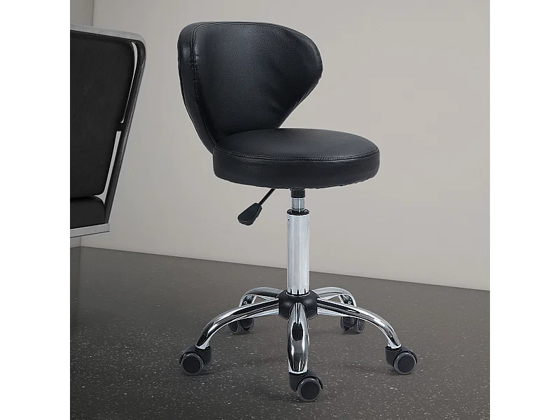 Tabouret de travail pivotant 360° avec fonction massage, réglable, dossier ergonomique, métal chromé et revêtement cuir synthétique noir