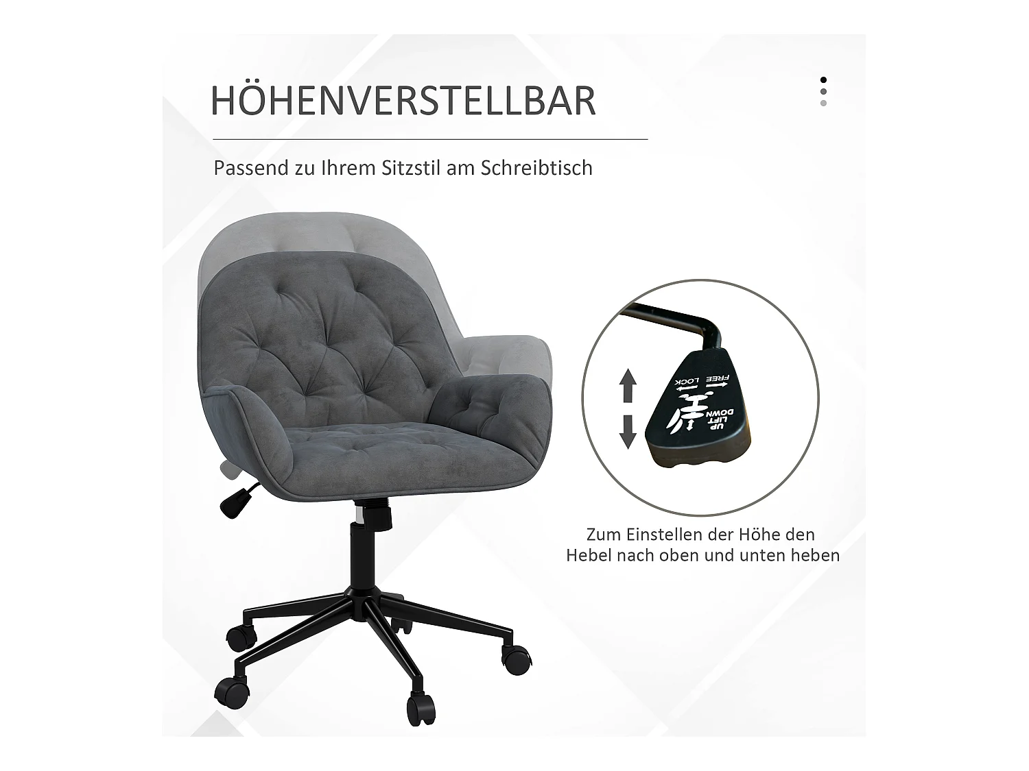 Chaise de bureau pivotante ergonomique en velours, hauteur réglable et rembourrée confortable, gris, idéale pour salon ou bureau