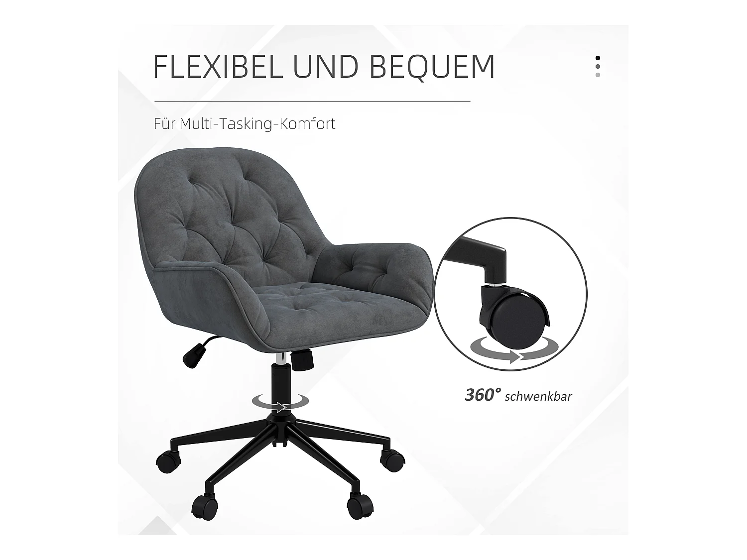 Chaise de bureau pivotante ergonomique en velours, hauteur réglable et rembourrée confortable, gris, idéale pour salon ou bureau