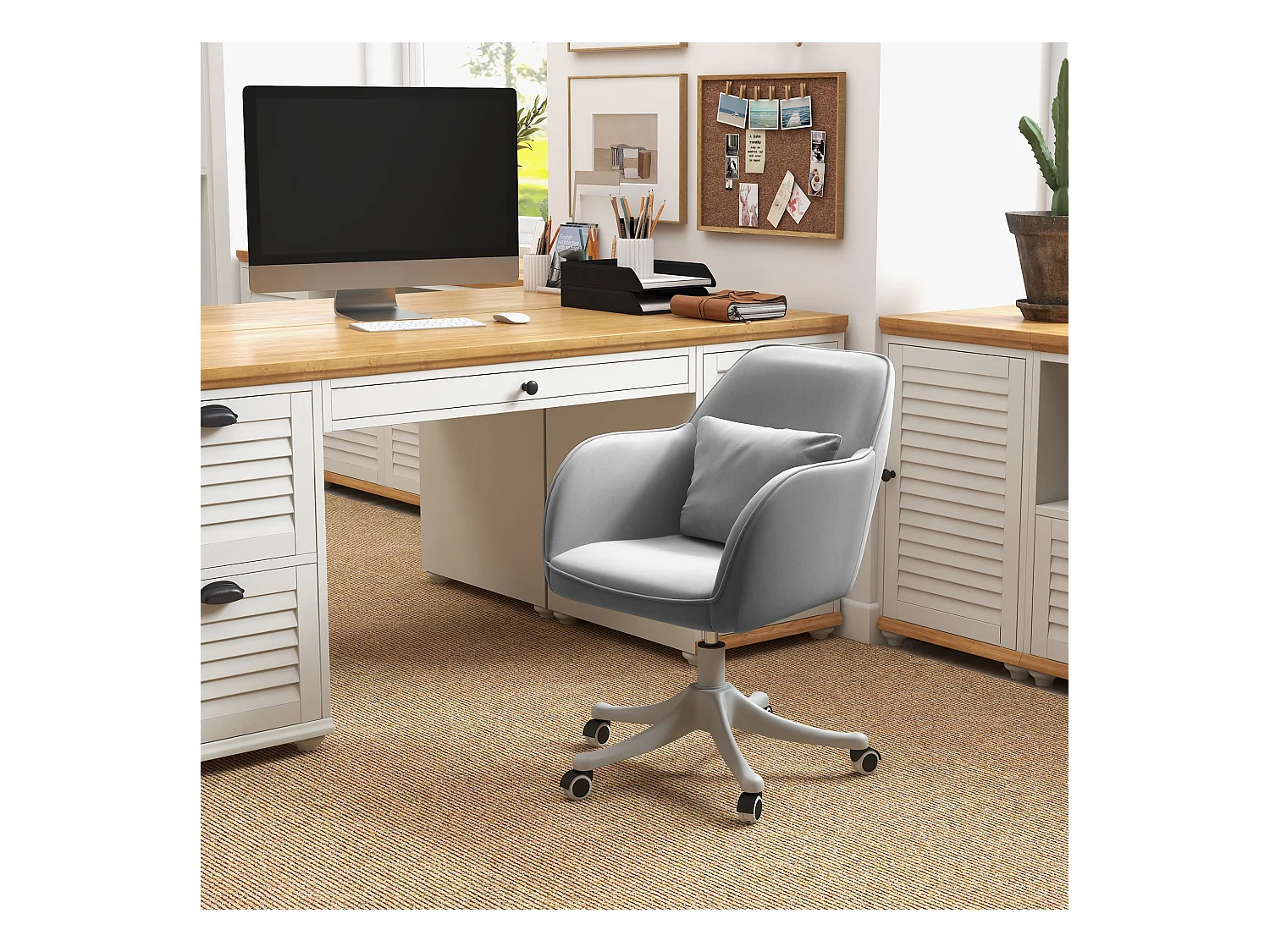 Draaifauteuil voor de woonkamer, bureaustoel met massage, bureaustoel met armleuningen en lendenkussen, grijs, optimaal zitcomfort