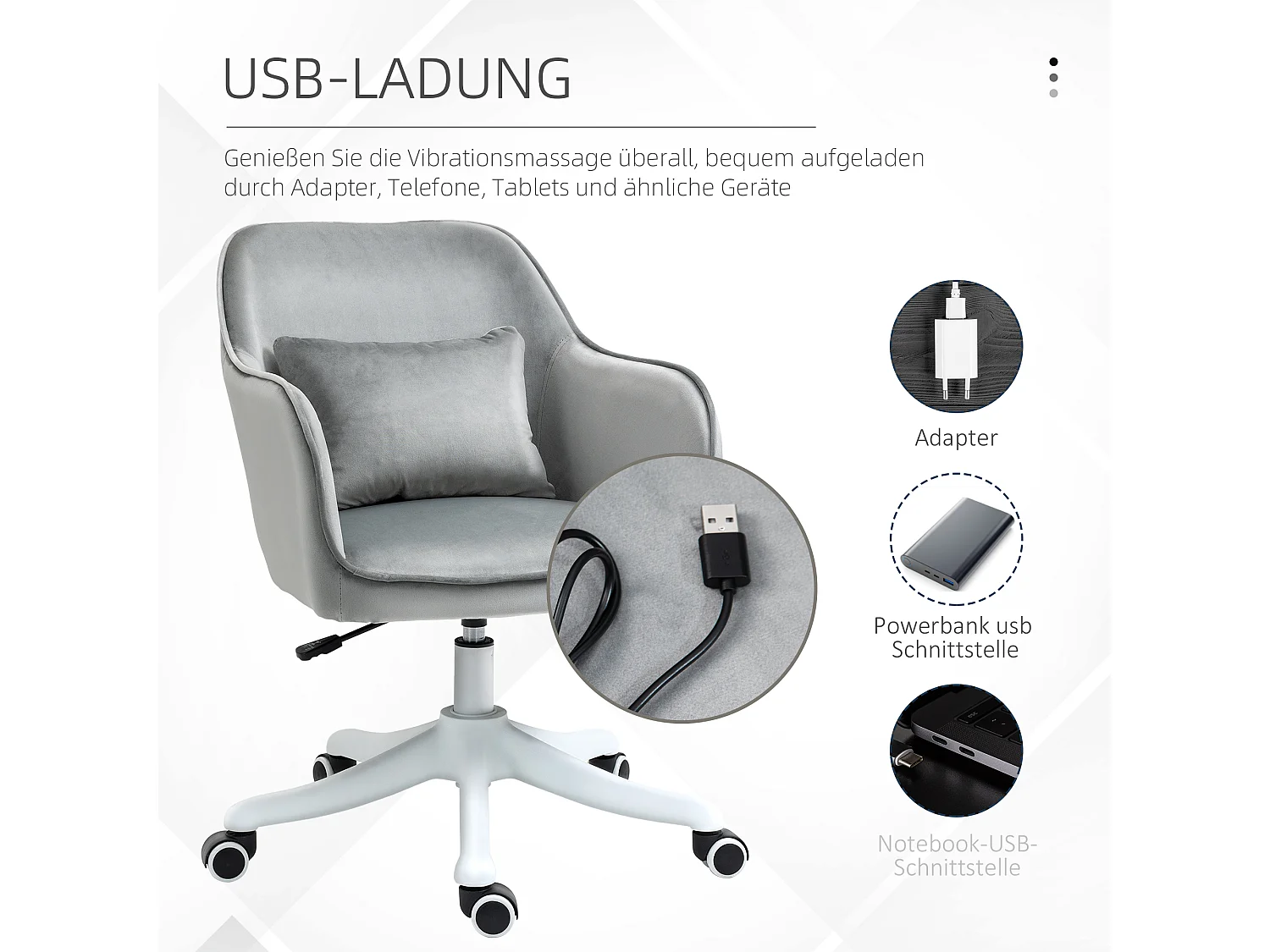 Fauteuil pivotant pour salon, fauteuil de bureau avec massage, chaise de bureau avec accoudoirs et coussin lombaire, gris, confort optimal