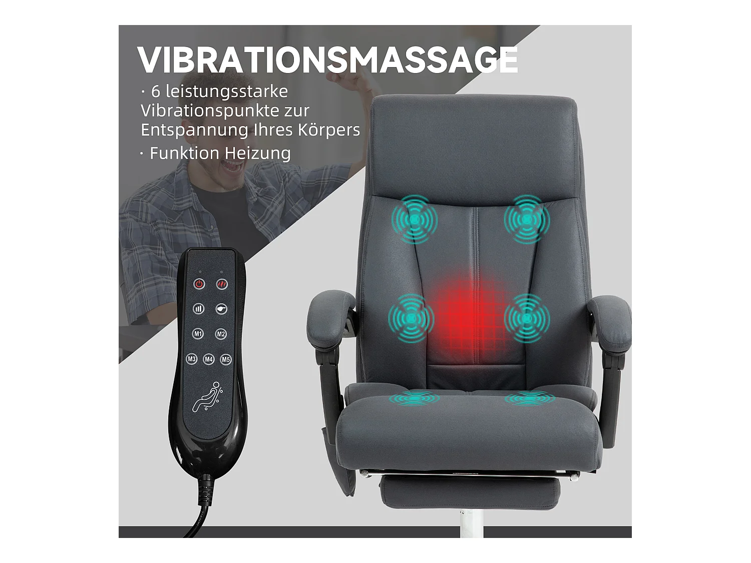 Fauteuil de bureau ergonomique avec fonction massage, réglable en hauteur, assise confortable gris, idéal pour bureau et home office