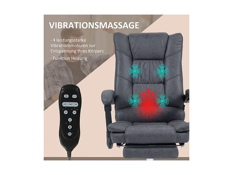 Chaise de bureau ergonomique Vinsetto avec fonction massage et chauffage, inclinable 135°, réglable en hauteur, support jusqu’à 120 kg, couleur gris