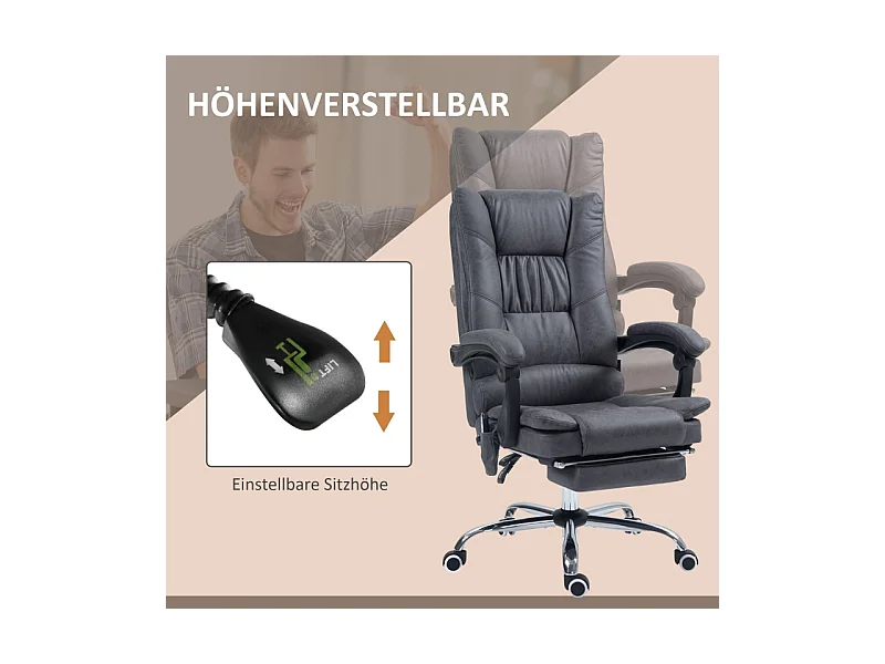 Chaise de bureau ergonomique Vinsetto avec fonction massage et chauffage, inclinable 135°, réglable en hauteur, support jusqu’à 120 kg, couleur gris