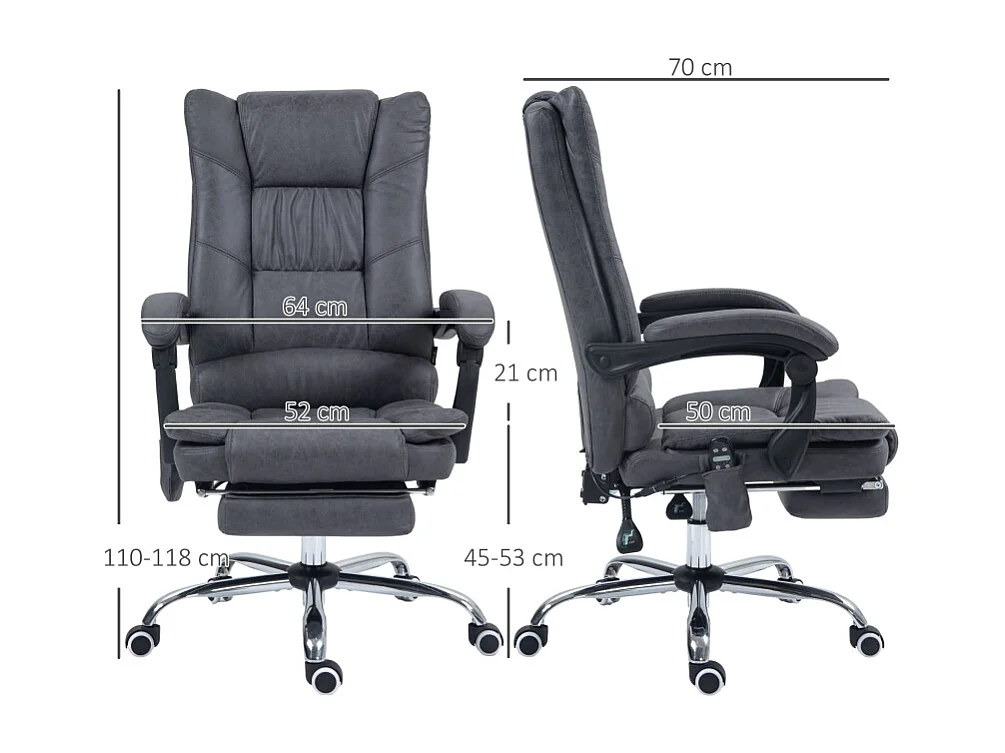 Chaise de bureau ergonomique Vinsetto avec fonction massage et chauffage, inclinable 135°, réglable en hauteur, support jusqu’à 120 kg, couleur gris