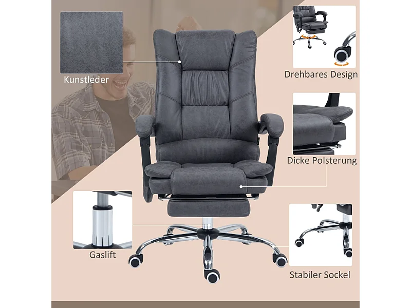 Chaise de bureau ergonomique Vinsetto avec fonction massage et chauffage, inclinable 135°, réglable en hauteur, support jusqu’à 120 kg, couleur gris
