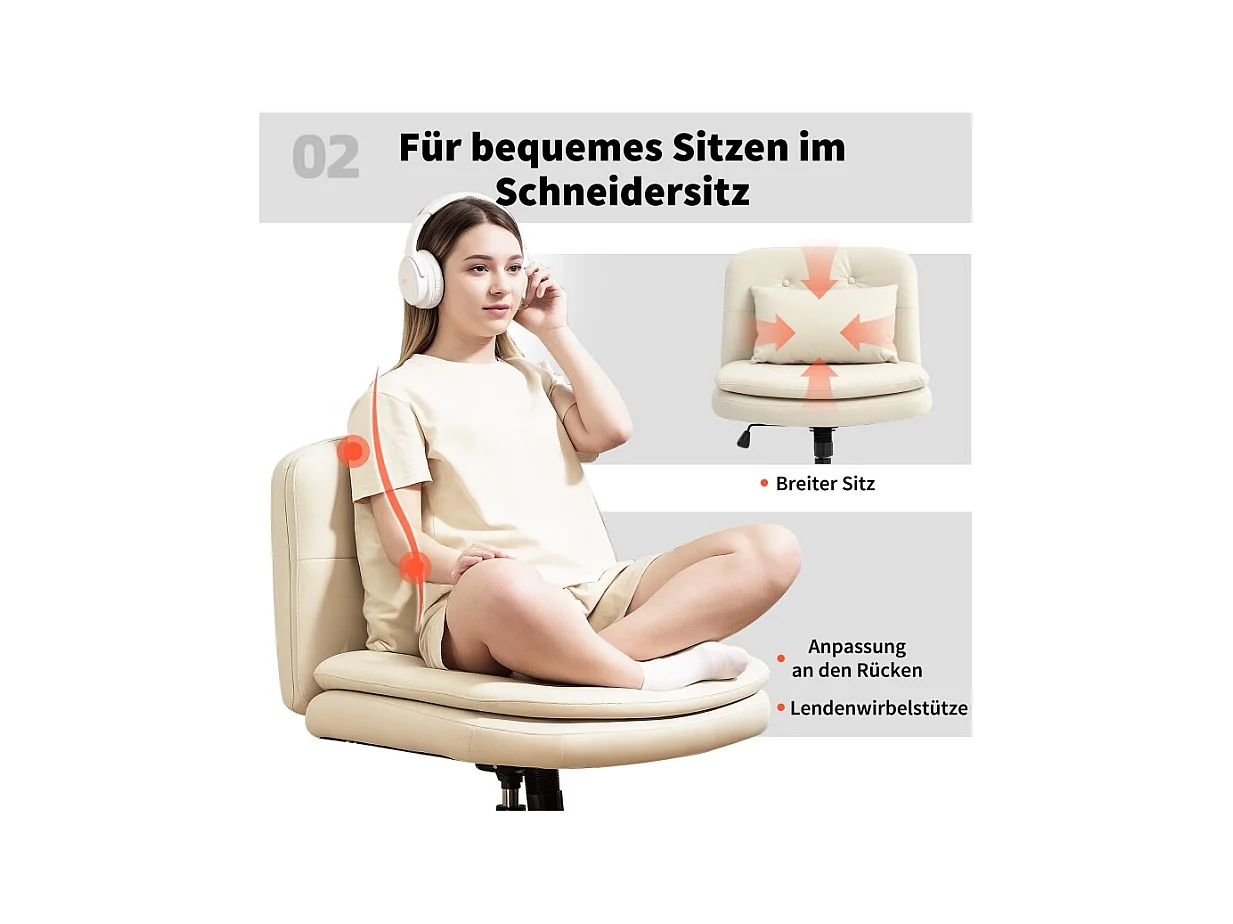 Chaise de bureau sans accoudoirs en simili cuir, siège avec roulettes et coussin supplémentaire, réglable en hauteur, couleur beige, pratique et confortable