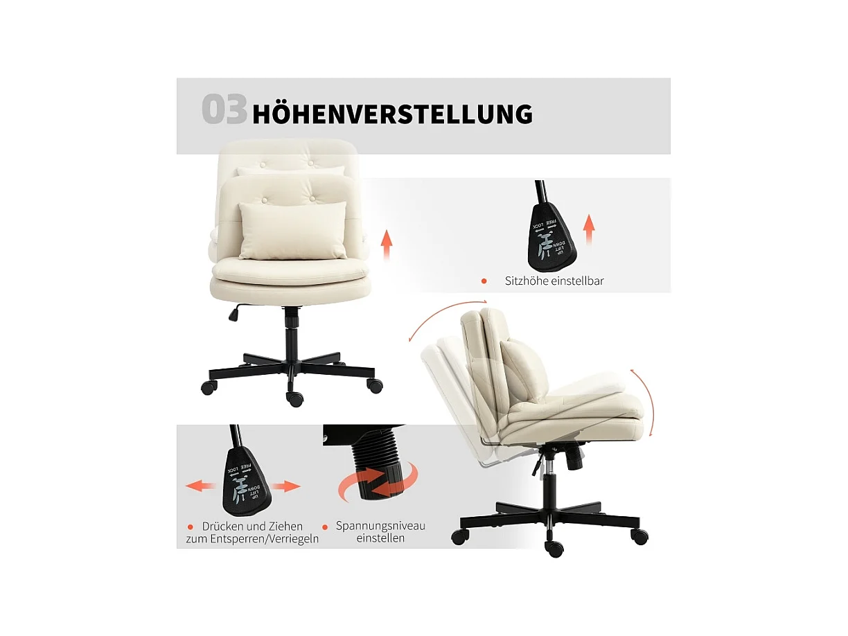 Chaise de bureau sans accoudoirs en simili cuir, siège avec roulettes et coussin supplémentaire, réglable en hauteur, couleur beige, pratique et confortable