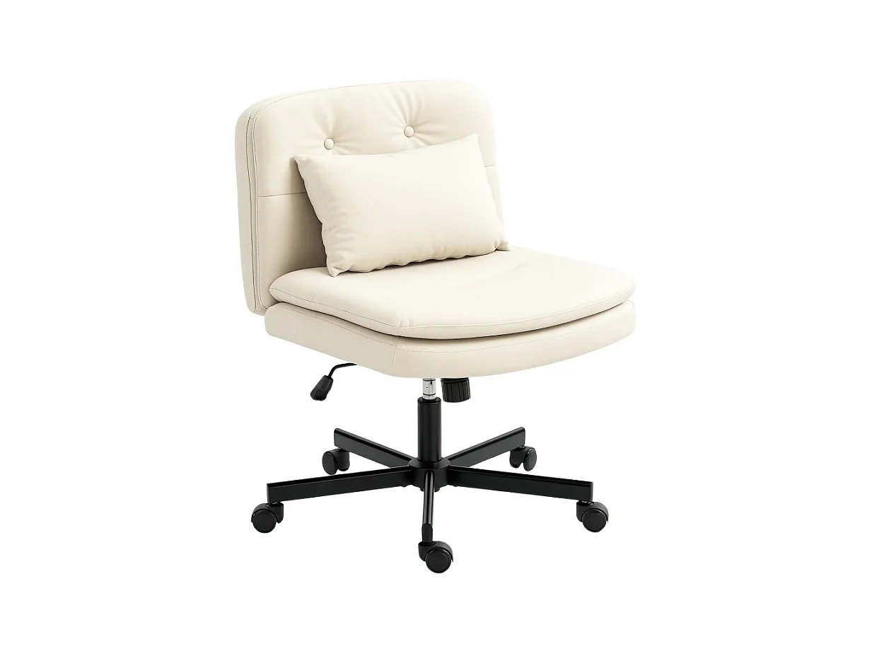 Chaise de bureau sans accoudoirs en simili cuir, siège avec roulettes et coussin supplémentaire, réglable en hauteur, couleur beige, pratique et confortable