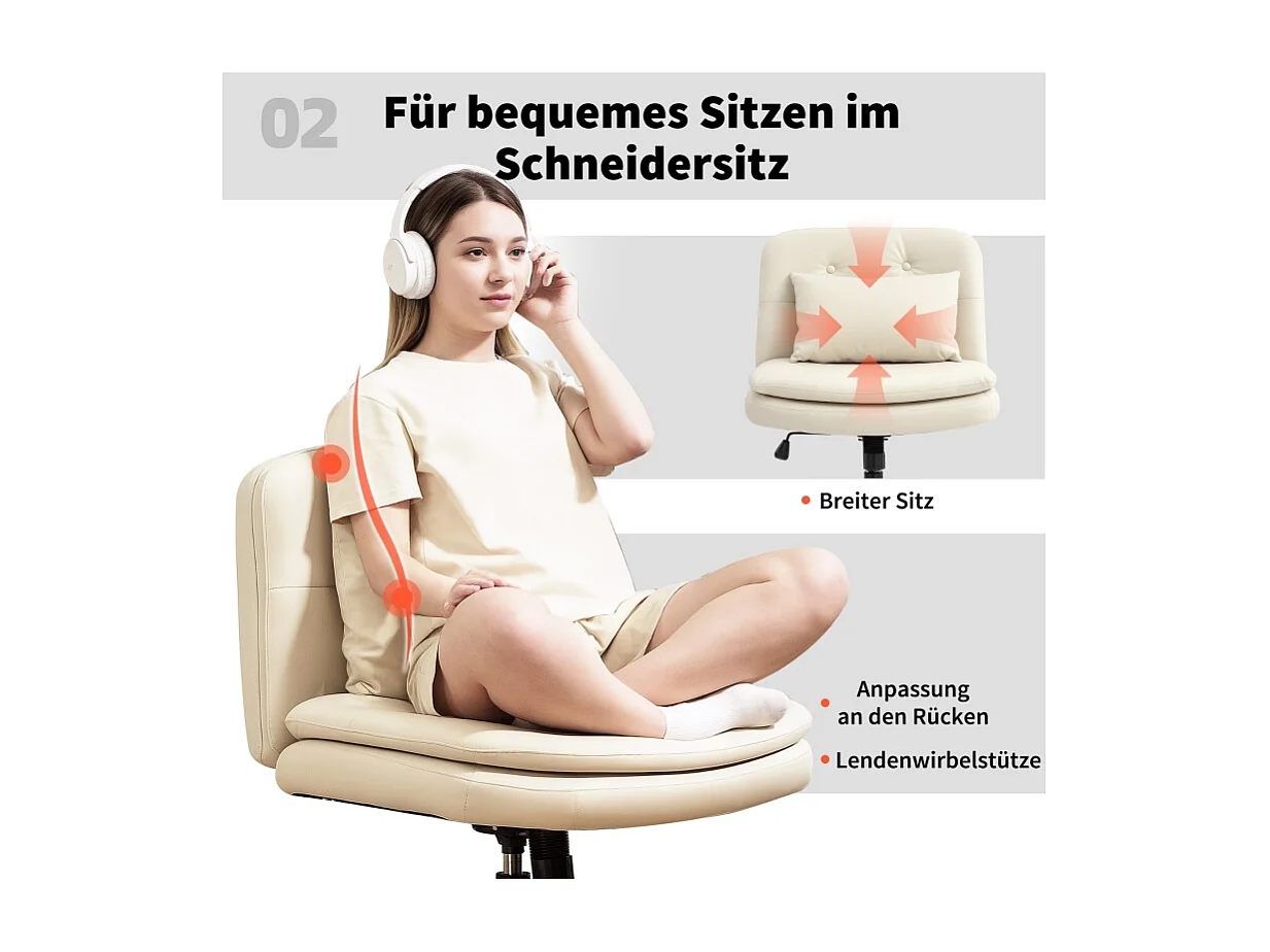 Chaise de bureau sans accoudoirs en simili cuir, siège avec roulettes et coussin supplémentaire, réglable en hauteur, couleur beige, pratique et confortable