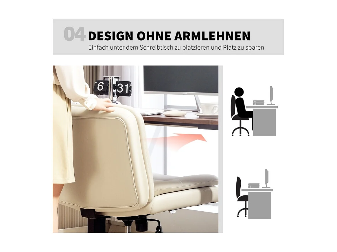 Chaise de bureau sans accoudoirs en simili cuir, siège avec roulettes et coussin supplémentaire, réglable en hauteur, couleur beige, pratique et confortable