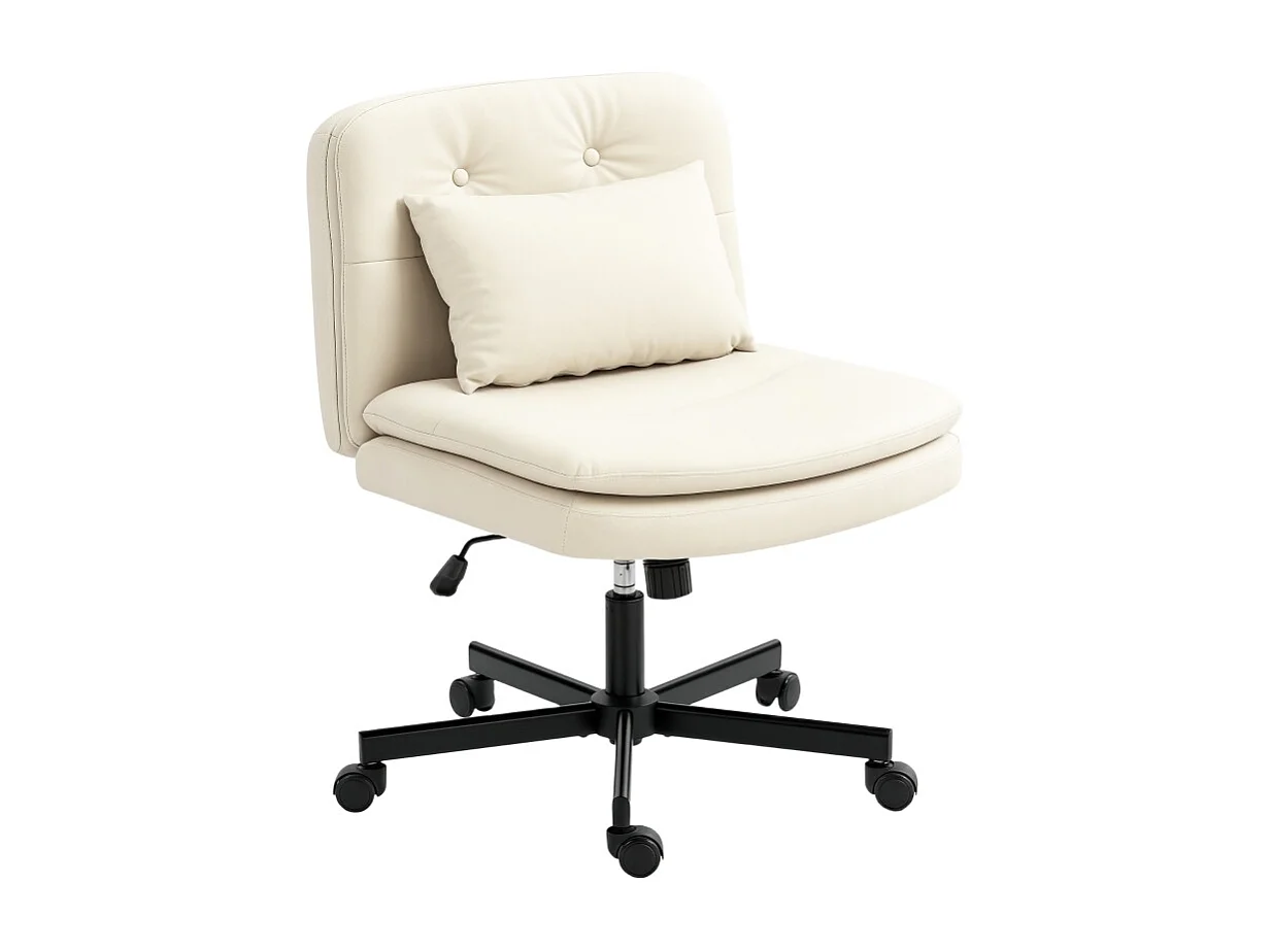Chaise de bureau sans accoudoirs en simili cuir, siège avec roulettes et coussin supplémentaire, réglable en hauteur, couleur beige, pratique et confortable