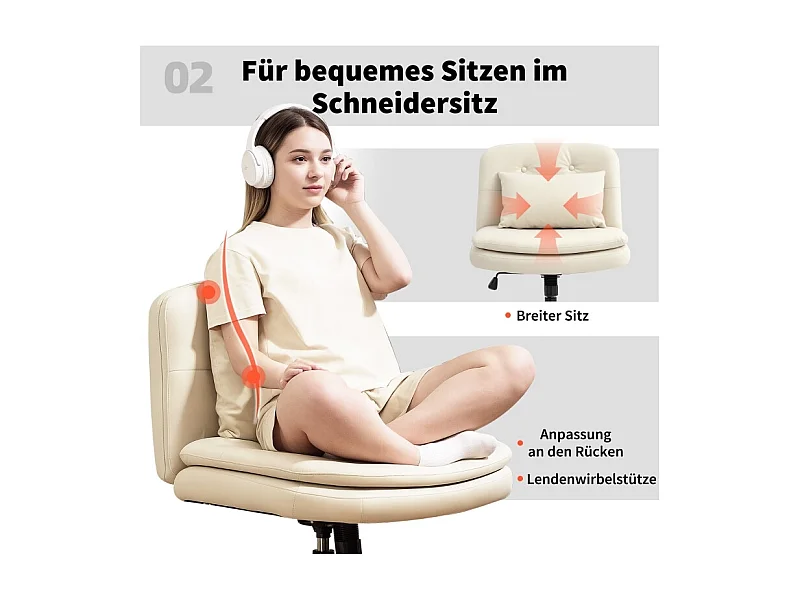 Chaise de bureau sans accoudoirs en simili cuir, siège avec roulettes et coussin supplémentaire, réglable en hauteur, couleur beige, pratique et confortable