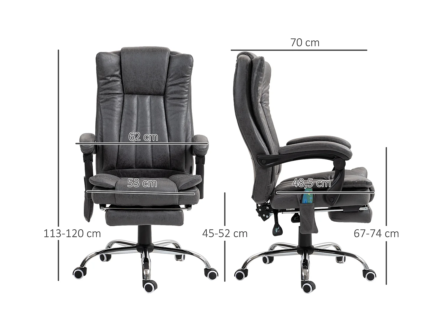 Chaise de bureau ergonomique avec massage et chauffage, réglable en hauteur, repose-pieds extensible, couleur gris, confortable