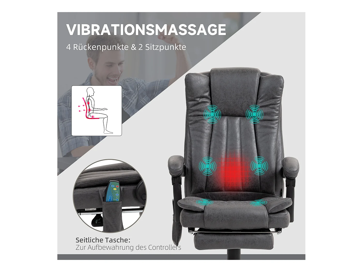 Chaise de bureau ergonomique avec massage et chauffage, réglable en hauteur, repose-pieds extensible, couleur gris, confortable