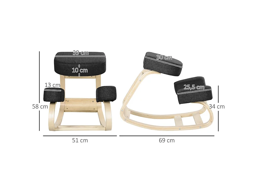 Tabouret à genoux ergonomique avec assise rembourrée, favorise une posture saine, structure en bois de bouleau, capacité 120 kg, noir