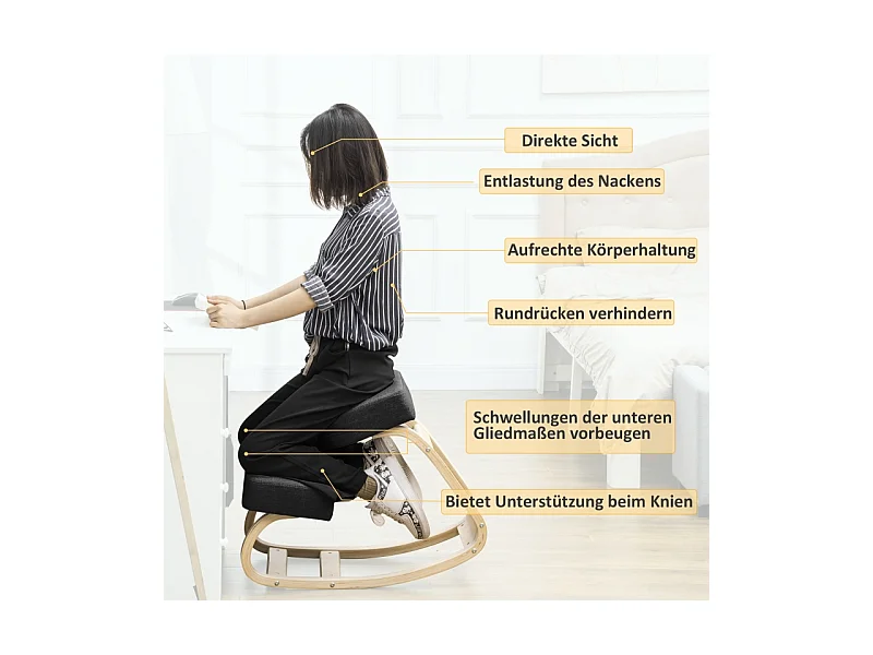 Tabouret à genoux ergonomique avec assise rembourrée, favorise une posture saine, structure en bois de bouleau, capacité 120 kg, noir