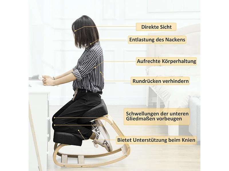 Tabouret à genoux ergonomique avec assise rembourrée, favorise une posture saine, structure en bois de bouleau, capacité 120 kg, noir