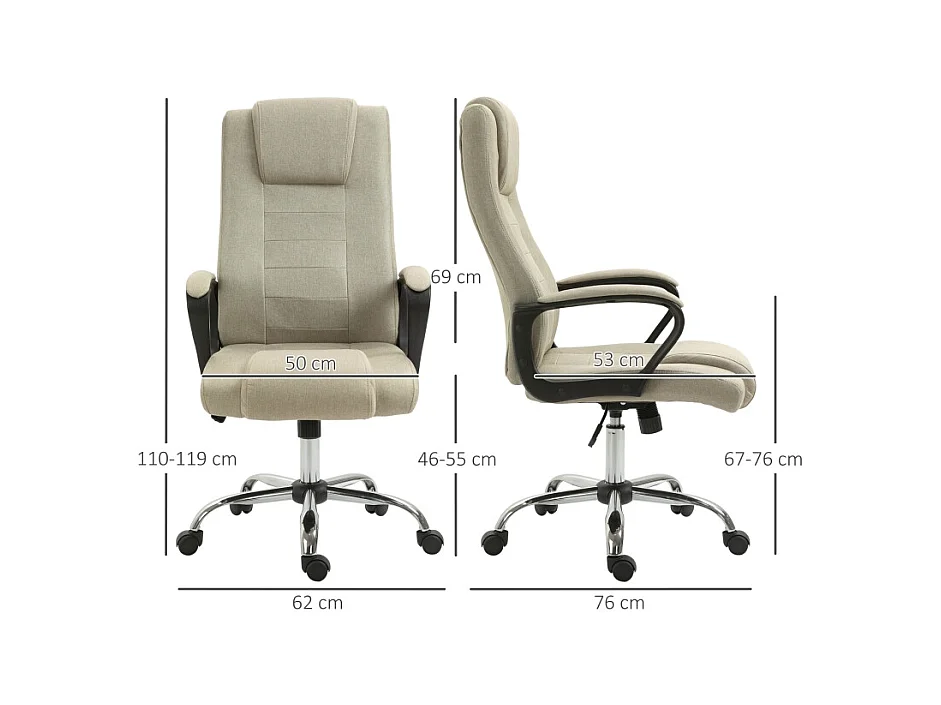 Chaise de bureau réglable en hauteur avec fonction bascule, revêtement aspect lin beige, confortable pour bureau ou home office