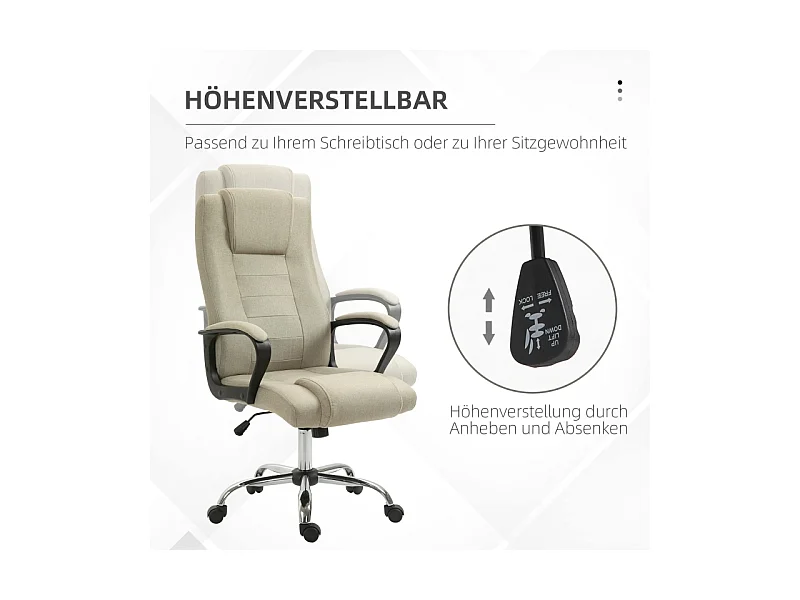 Chaise de bureau réglable en hauteur avec fonction bascule, revêtement aspect lin beige, confortable pour bureau ou home office
