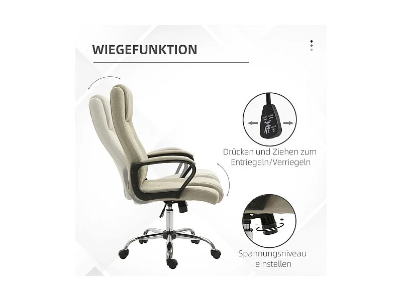 Chaise de bureau réglable en hauteur avec fonction bascule, revêtement aspect lin beige, confortable pour bureau ou home office