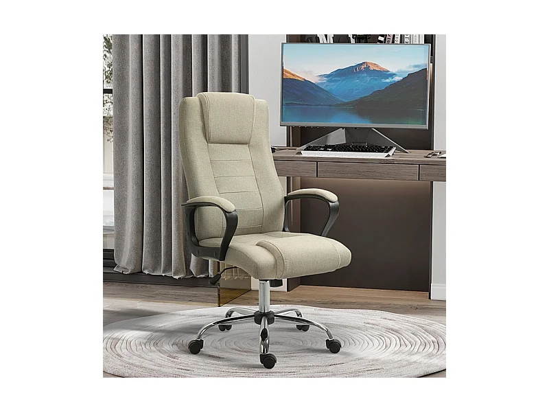 In hoogte verstelbare bureaustoel met schommelfunctie, beige linnenlook bekleding, comfortabel voor op kantoor of thuiskantoor