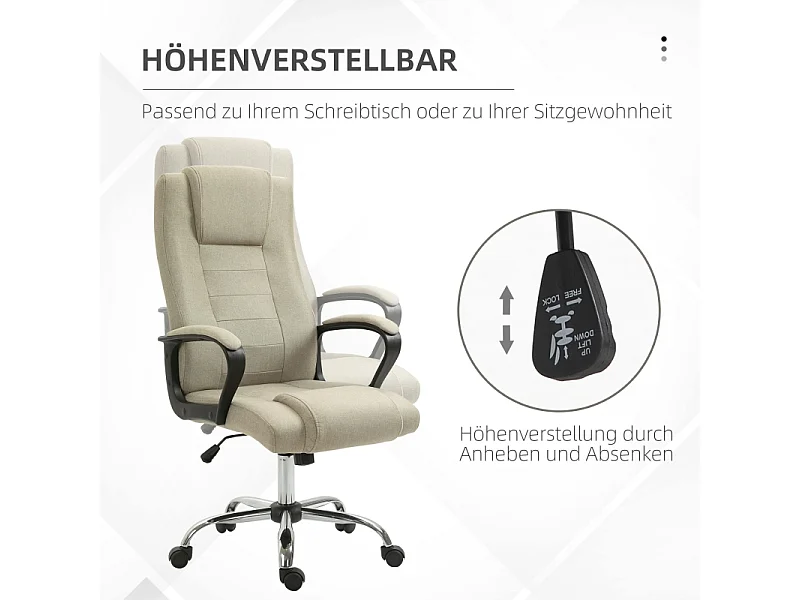 Chaise de bureau réglable en hauteur avec fonction bascule, revêtement aspect lin beige, confortable pour bureau ou home office