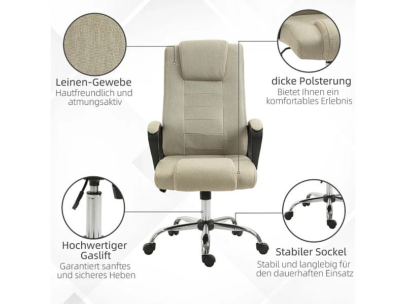 Chaise de bureau réglable en hauteur avec fonction bascule, revêtement aspect lin beige, confortable pour bureau ou home office