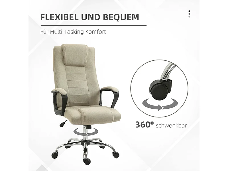 Chaise de bureau réglable en hauteur avec fonction bascule, revêtement aspect lin beige, confortable pour bureau ou home office